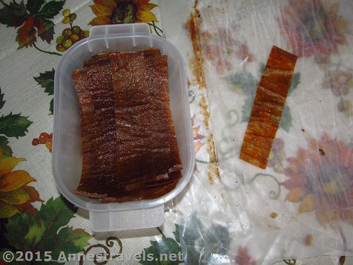 Dried applesauce, cut into strips and ready to be stored... or eaten :-)