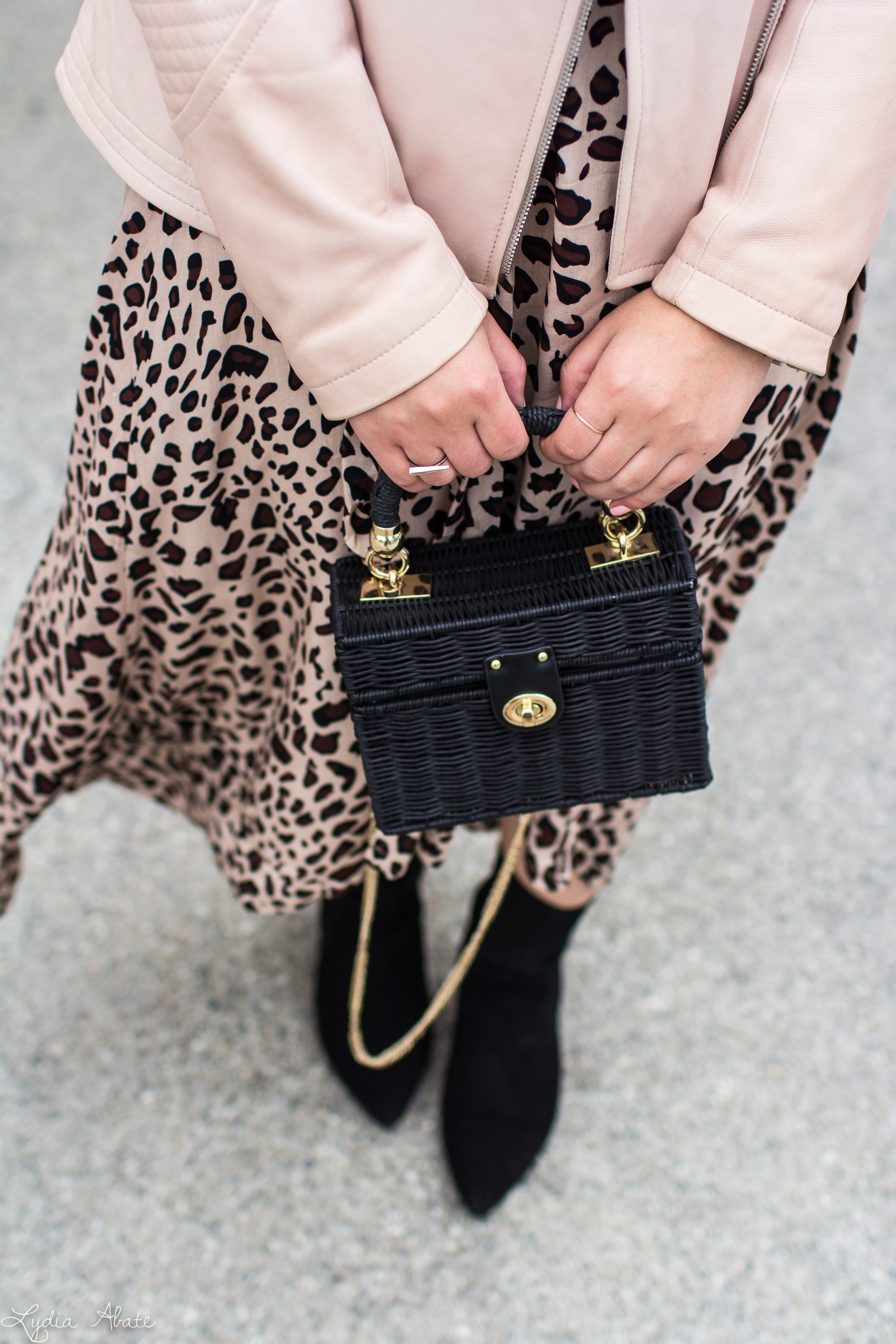 leopard wrap dress, blush leather jacket, black straw bag, sock booties-9.jpg