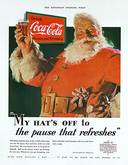 Haddon Sundblom's first painting used in a Coca-Cola advertisement, first published in the Saturday Evening Post, 1931.