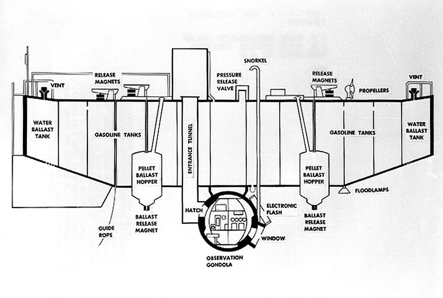 Redrawing of U.S. Naval Historical Center Photograph NH 96807, General arrangement drawing of the bathyscaphe USS Trieste, circa 1959 Redrawn using Adobe Illustrator by drawing over the image to reproduce the line drawing. Some areas were unclear in the photo, so reasonable interpolations were made. In addition some text labels were repositioned. Added opaque background.