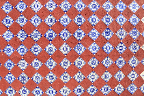 blue and white tiles on red