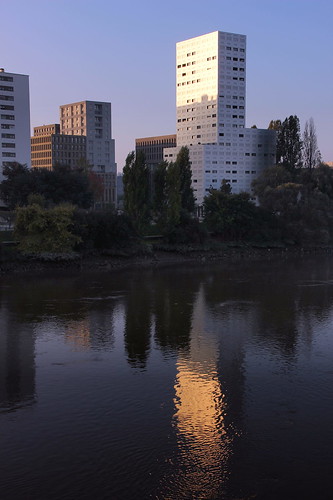 sunrise building loire river reflect trees reflets fleuve immeuble city ville