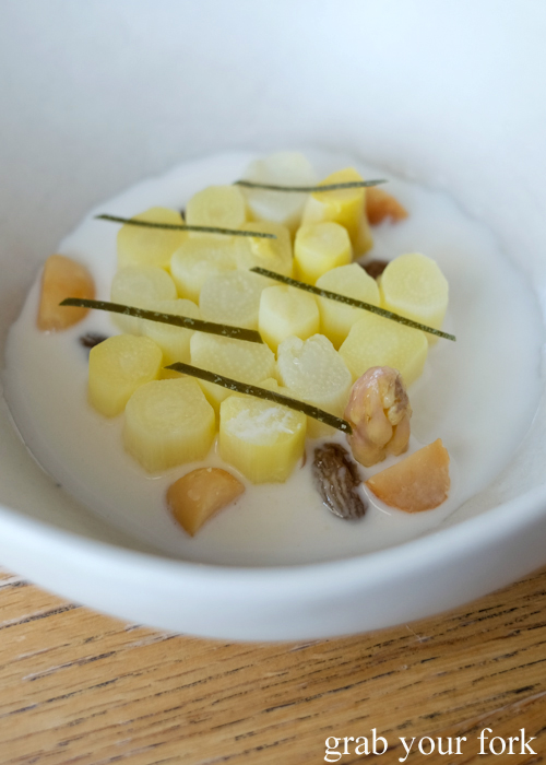 White aspargus with macadamia at LuMi restaurant in Pyrmont Sydney