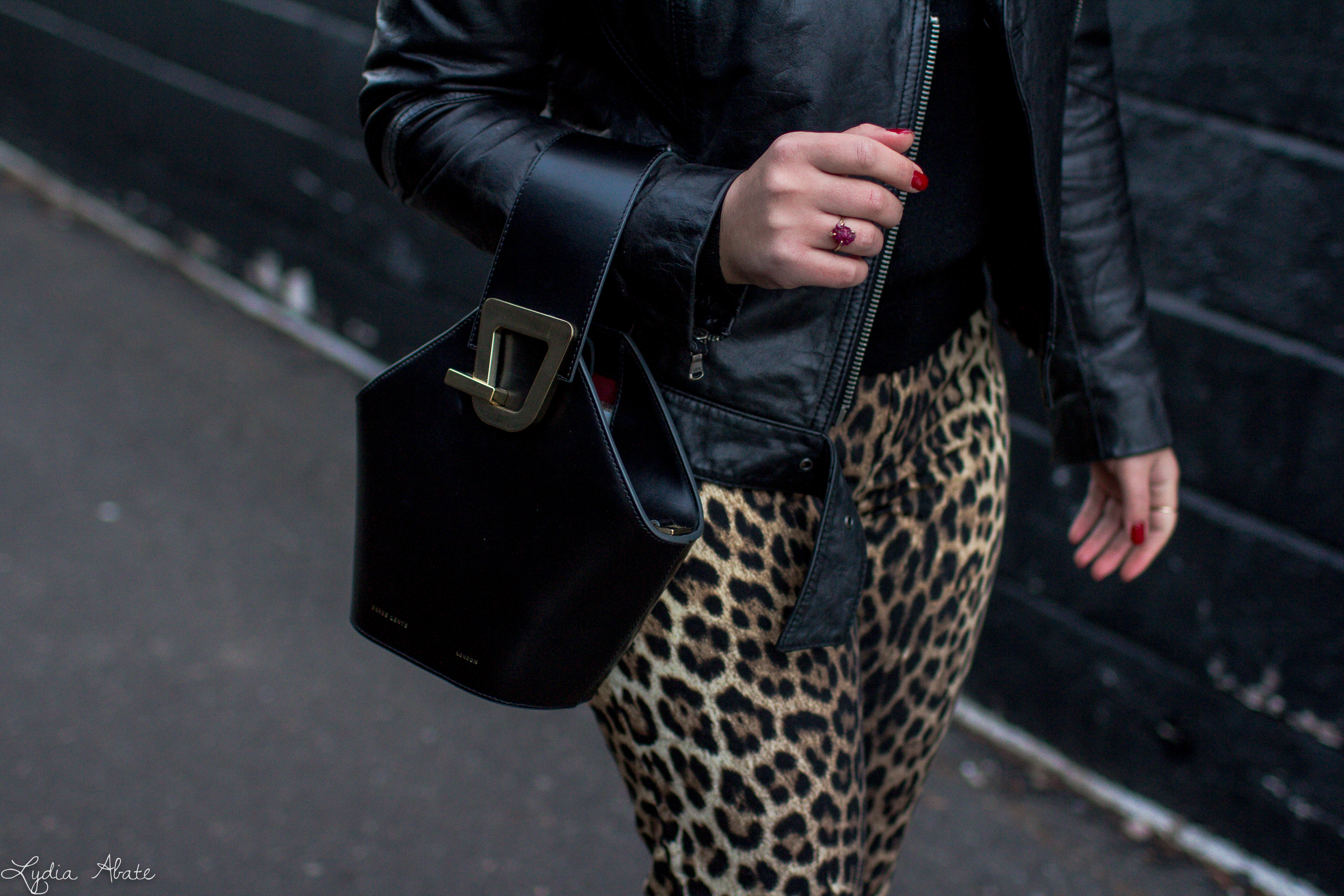 black leather moto jacket, leopard print pants, black sweater, danse lente johnny bag-9.jpg