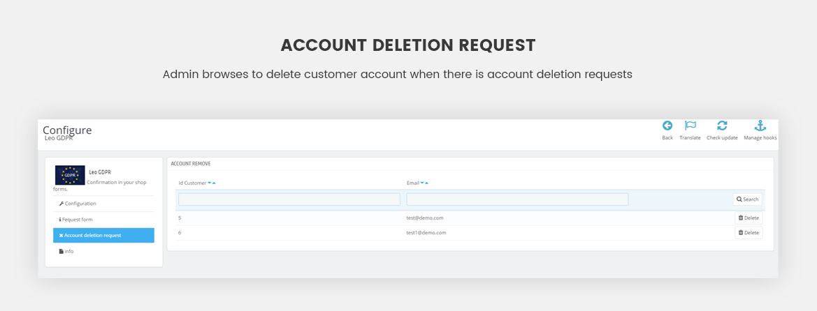 account deletion requests in Leo GDPR module