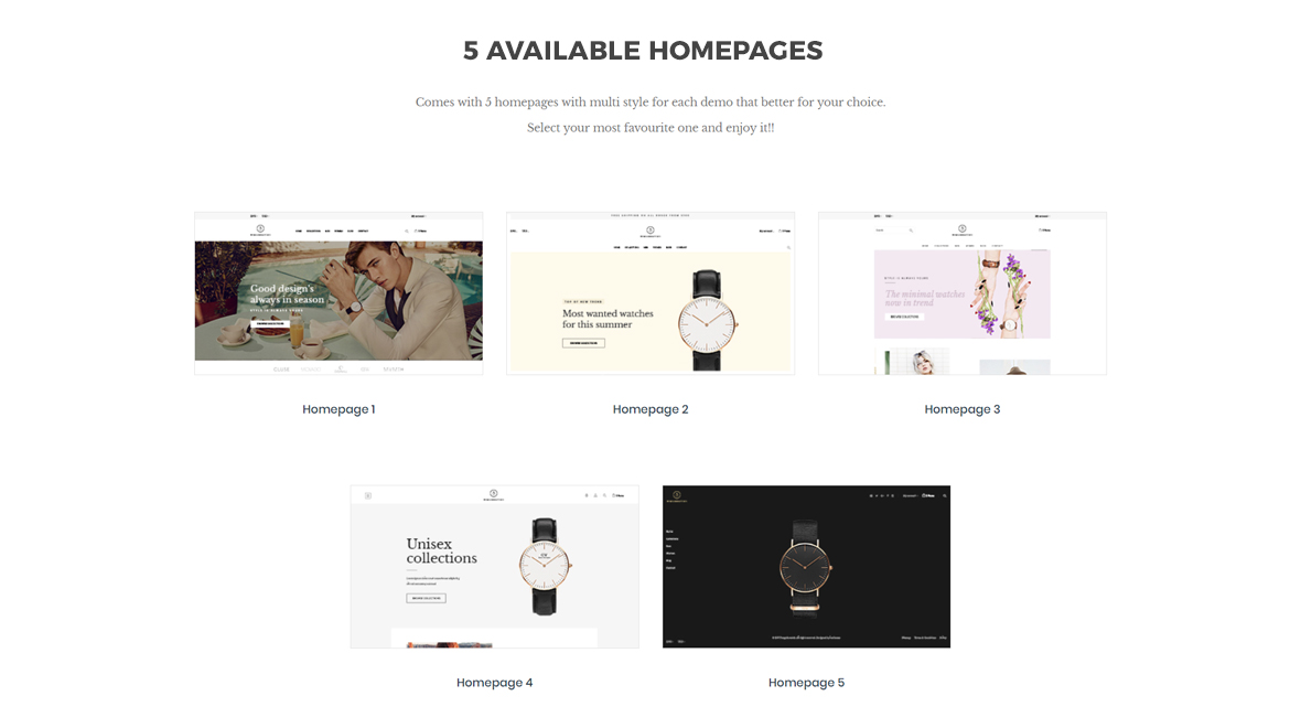 5+ premade homepages for Fashion and Accessories store
