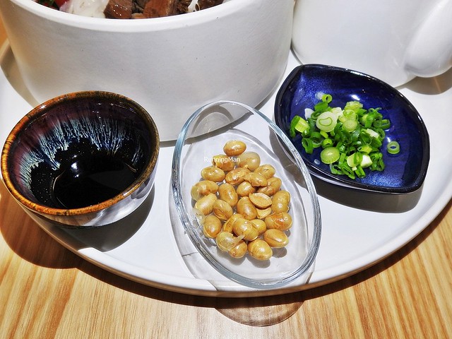 Condiments - Black Vinegar Vinaigrette, Crispy White Soy Beans, Spring Onions
