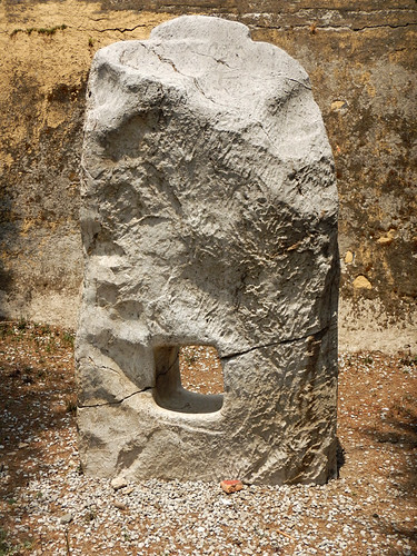 A stone marker at the great pyramid in Cholula, Mexico