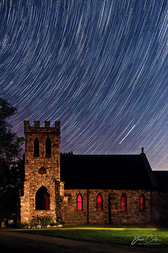 stone church night star trails sky dark