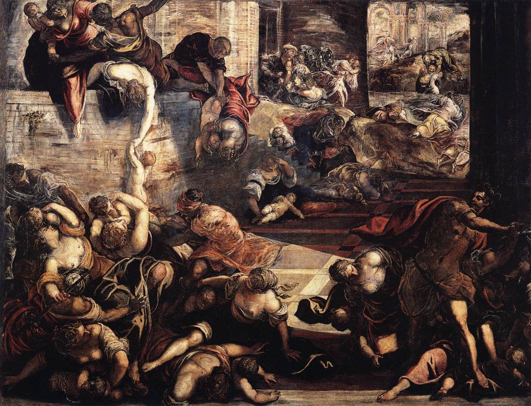 The Massacre of the Innocents by Jacopo Tintoretto, oil on canvas between 1582 and 1587. Currently in the collections of Scuola Grande di San Rocco -- a building in Venice, northern Italy noted for its collection of paintings by Tintoretto and generally agreed to include some of his finest work. 