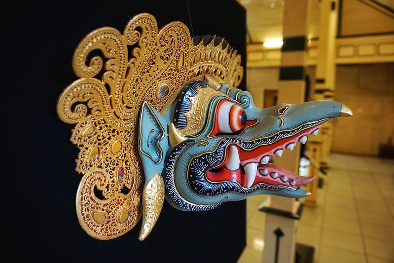 Side view of blue mask at Setia Darma House of Masks and Puppets, Bali