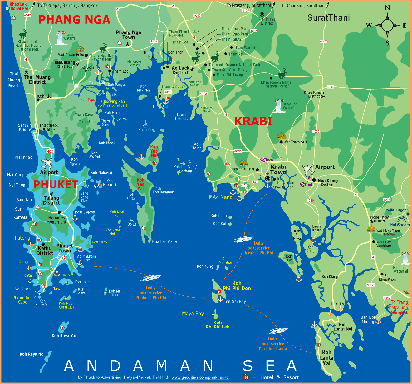 Map of Phang Nga Bay, showing the southern portion of Phang Nga Province, the island and province of Phuket, and part of Krabi Province.
