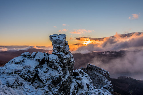 scotland ben arthur the cobbler mountain winter sunrise lomond arrochar corbett 884m clouds snow rocks powder