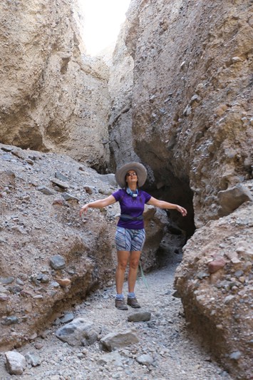 Vicki enjoys a cooling breeze as we hike up Slot Canyon One in Sidewinder Canyon