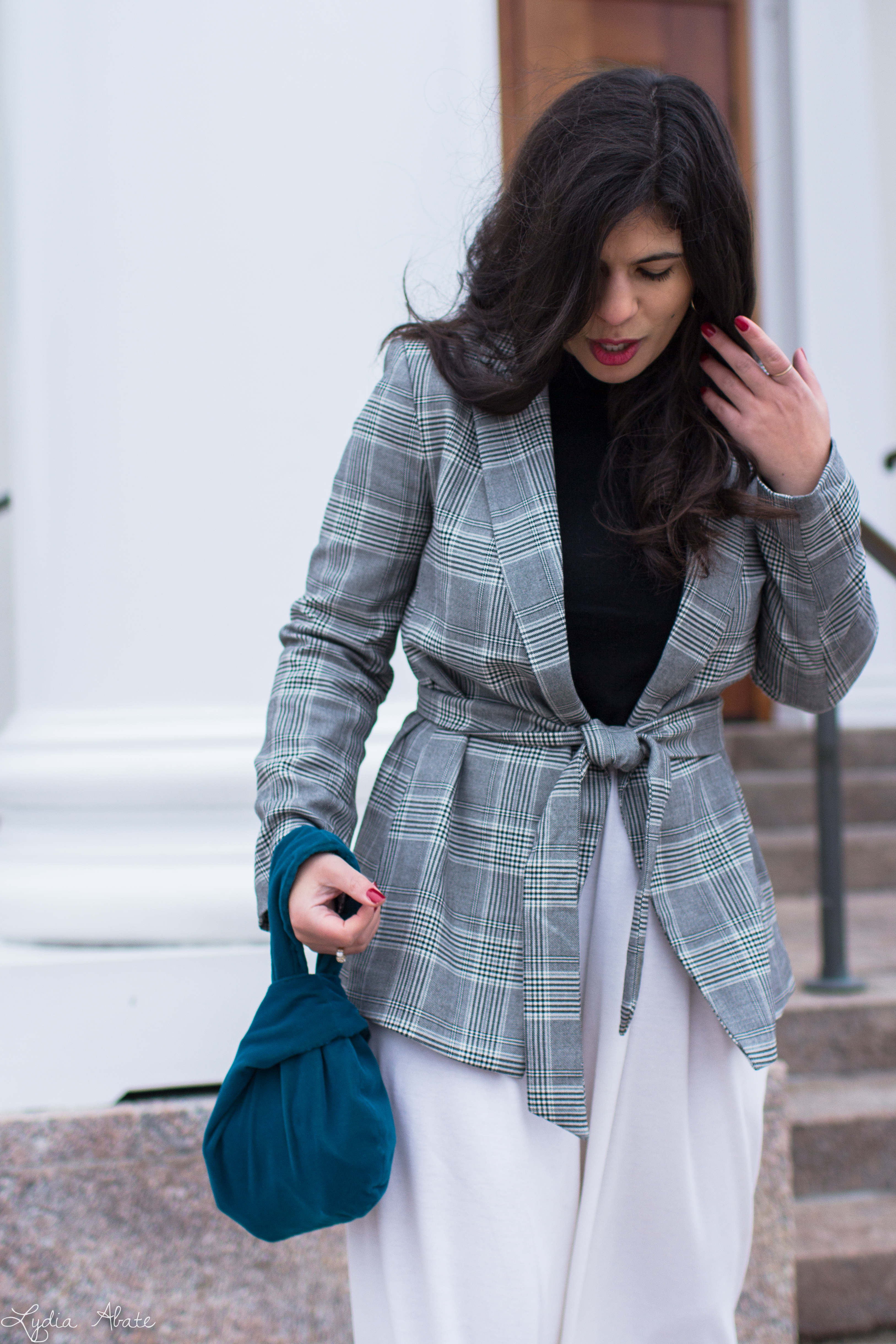 plaid blazer, white culottes, black sweater, teal velvet knot bag-12.jpg