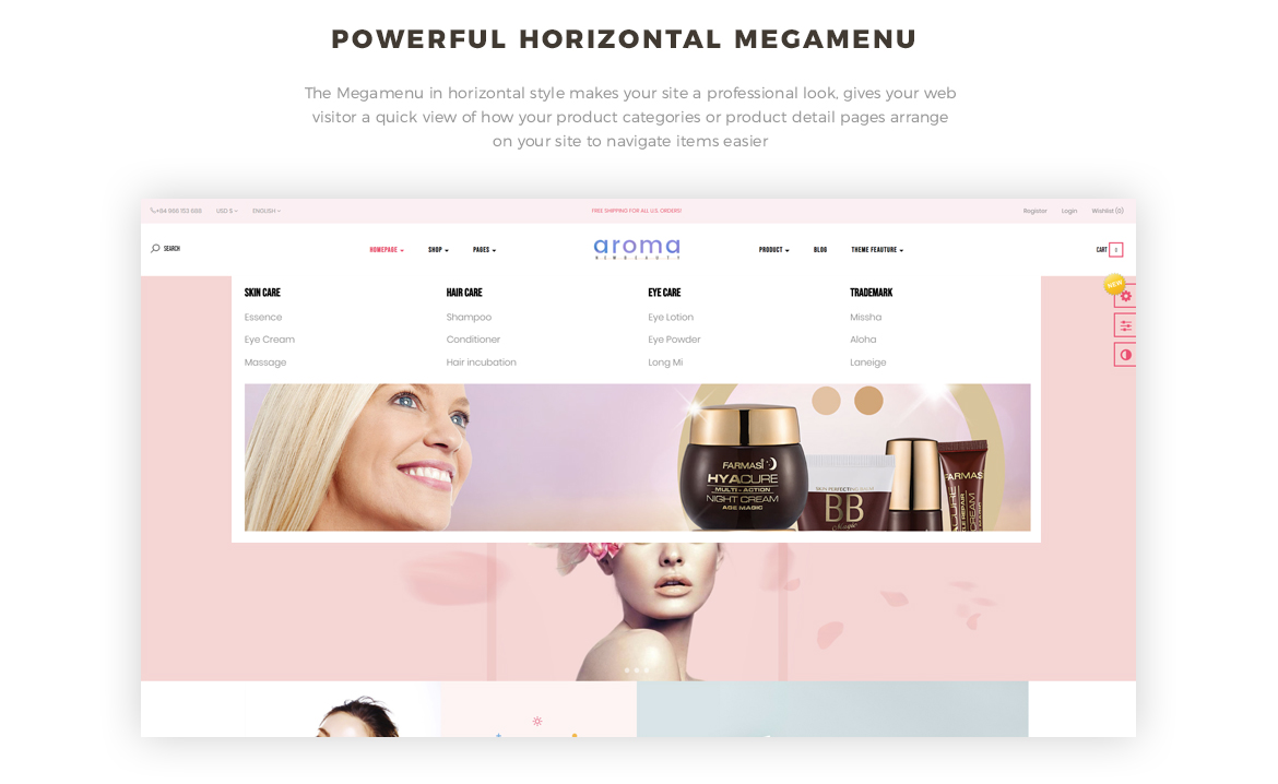 horizontal mege menu - Leo Arroma Cosmetic Prestashop 1.7 theme - Cosmetic and Beauty Store - free install support