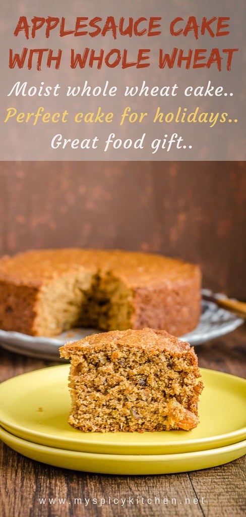 Applesauce whole wheat cake is moist, spongy whole wheat cake with lots of nuts and a touch of cinnamon & clove is perfect for the holiday season 