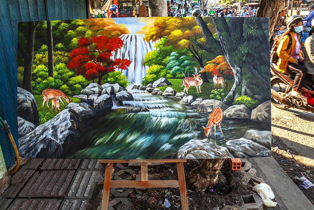 Kitsch painting of waterfall and deer--Saigon