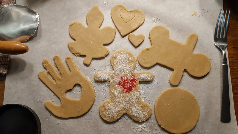 Cookies cut out, starting some pre-bake decoration, Holiday Butter Cookies, December 2018