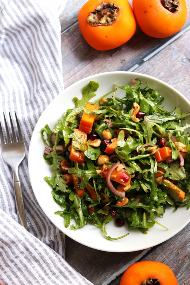 Persimmon and Pomegranate Salad with Arugula and Hazelnuts