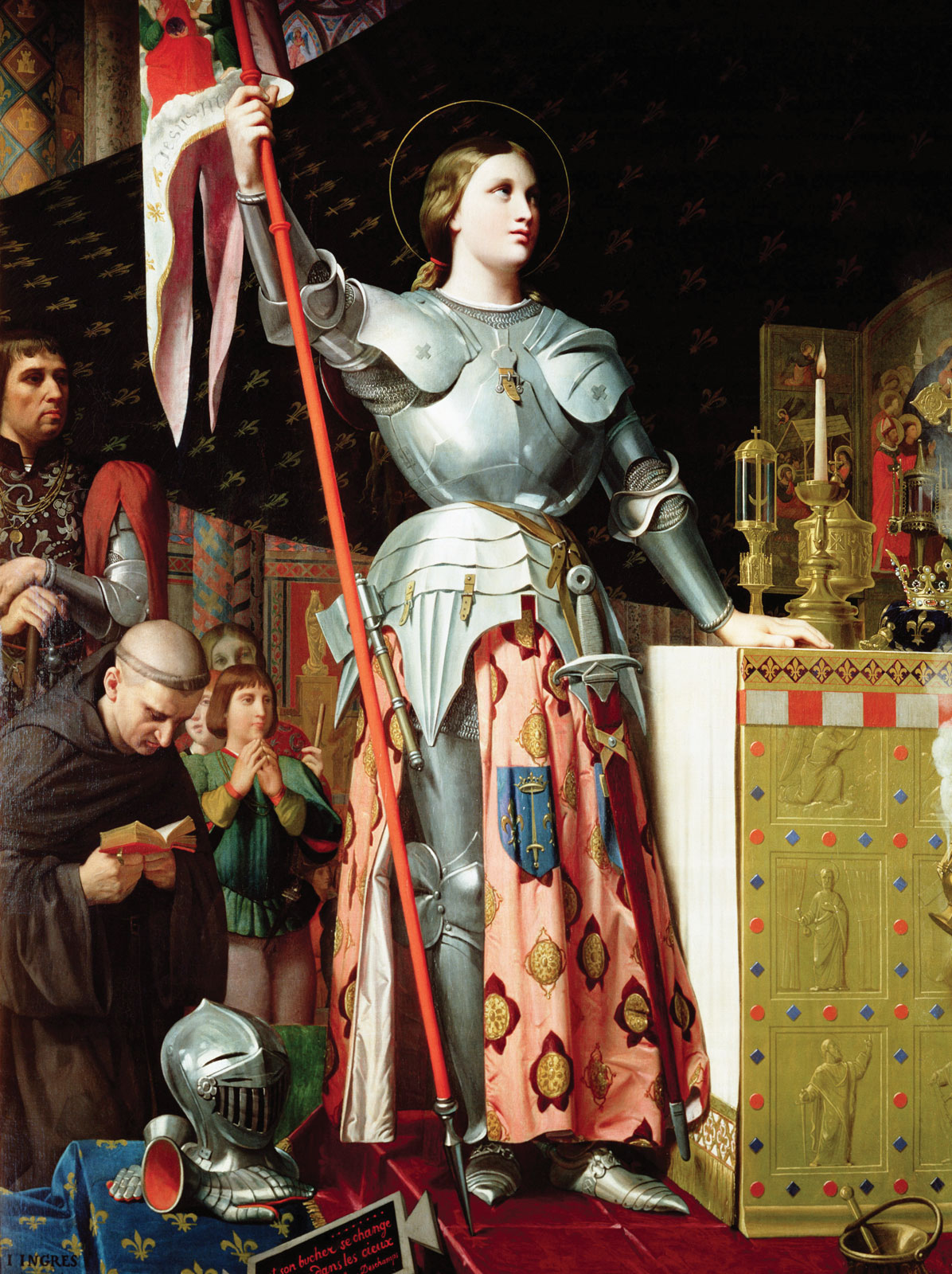 Joan of Arc at the Coronation of Charles VII (Jeanne d’Arc au sacre du roi Charles VII) is an 1854 painting by Jean Auguste Dominique Ingres. It is now in the Louvre Museum in Paris. The work merges the style of Ingres' teacher Jacques-Louis David with that of the troubador style. He began with a nude model, adding the clothes and armor. The painting was first commissioned by the director of the Academie des Belles Artes in Orléans to commemorate Joan of Arc. It shows her at the coronation of Charles VII of France in Reims Cathedral, victorious and looking up to heaven, which she felt had given France the victory. To her right are three pages, the monk Jean Paquerel, and a servant. The servant is a self-portrait of the artist. The scene is marked by ambient light, sumptuous objects and rich colors.