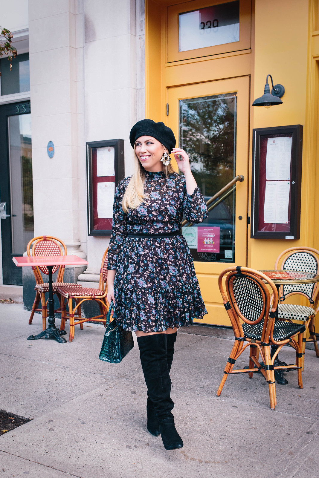 My Favorite Non-Traditional Holiday Outfit | Rebecca Taylor Solstice Silk Blend Dress Black Suede OTK Boots
