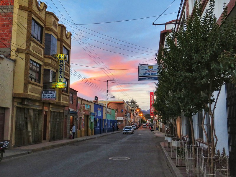 The main road at sunset in Tupiza, Bolivia