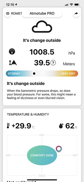 Atmotube iOS App - Dashboard - Barometer, Altimeter, Temperature, And Humidity