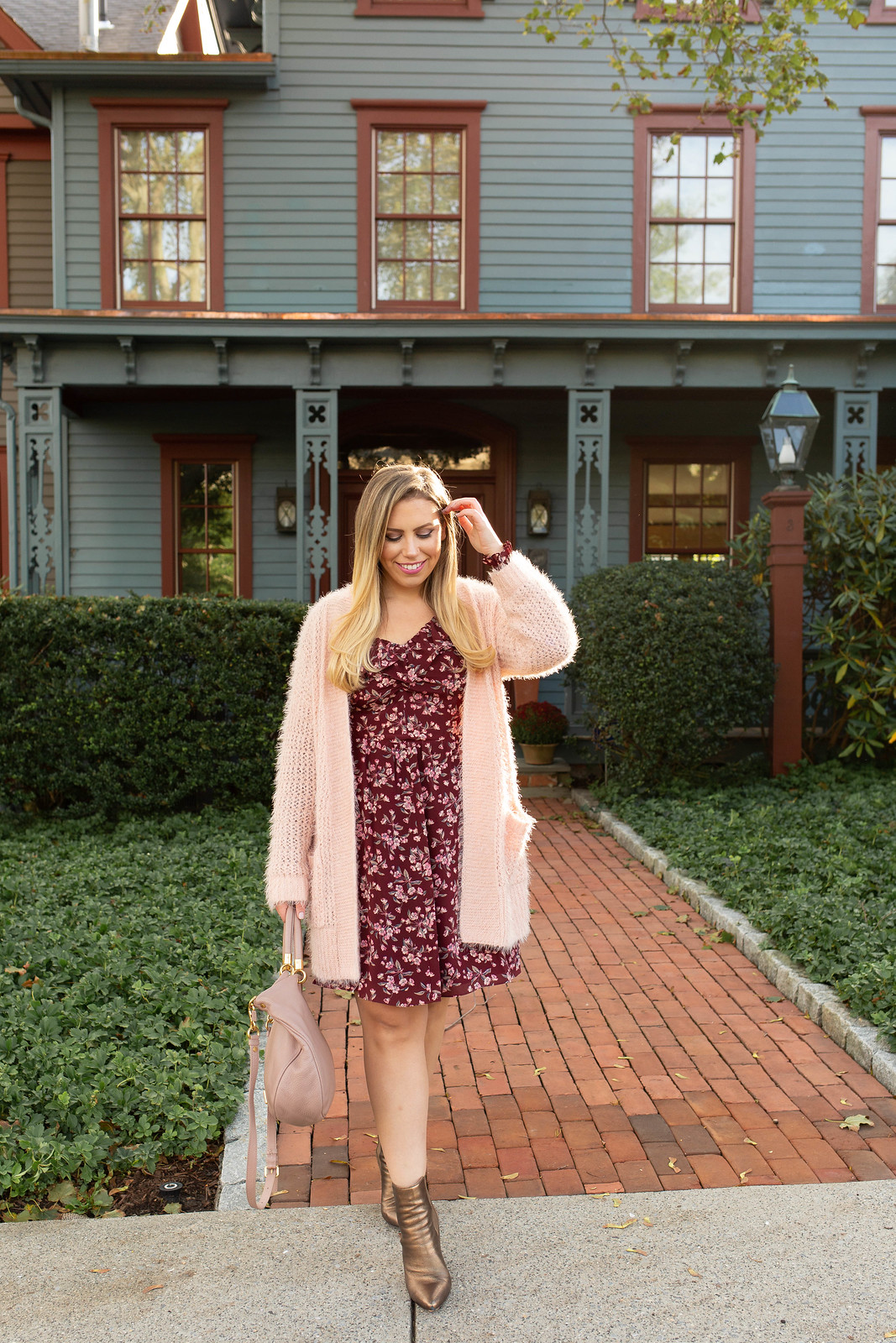 Pretty in Pink Layers for January Nordstrom Westchester Pink Cardigan Rebecca Taylor Floral Dress Jackie Giardina