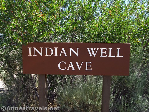 Sign for Indian Well Cave in Lava Beds National Monument, California