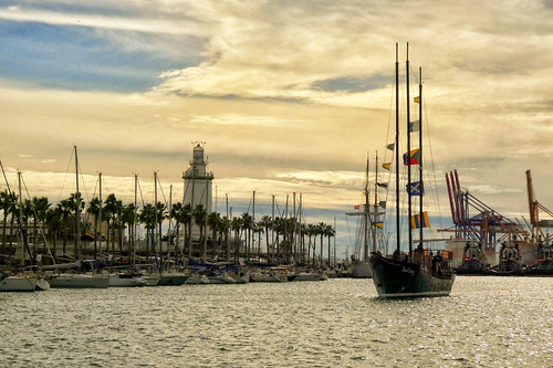 Spain - Malaga - tall masted boat coming into port