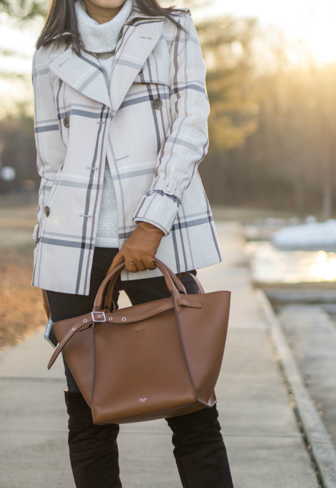 Coach Tattersall short trench jacket, J.Crew Factory long-sleeve mockneck pullover, J.Crew cashmere-lined leather tech gloves, black skinny jeans, Celine small big bag, Miu Miu suede pointed toe over the knee boots